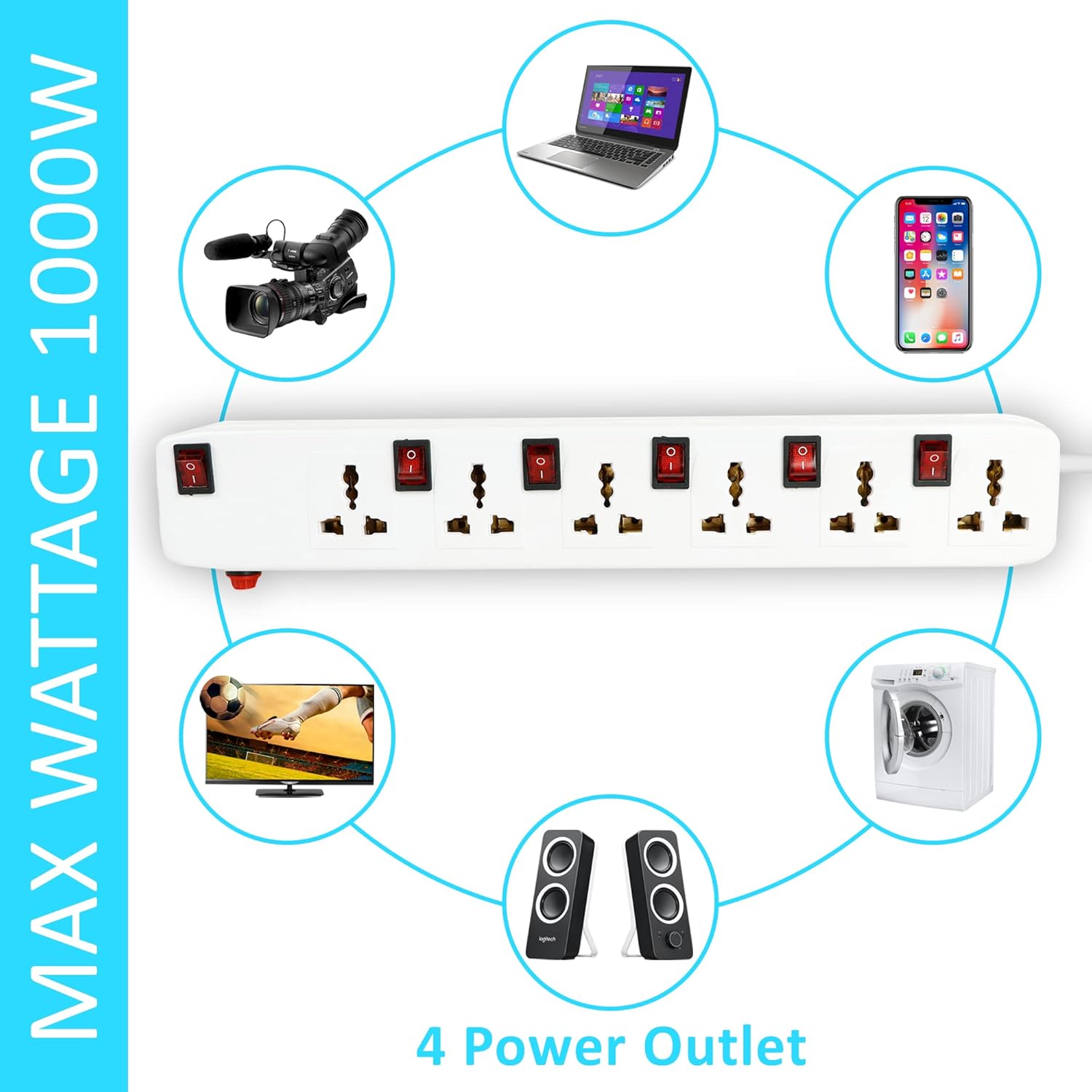 FEDUS 4 Meter Long Extension Board Extension Box|Spike Guard 6 Socket 6 Switch Junction Box With Switch,Extension Cords Cord,Spike Buster,Extension Board With Wire (6 Socket 6 Switch),240 Volts,White
