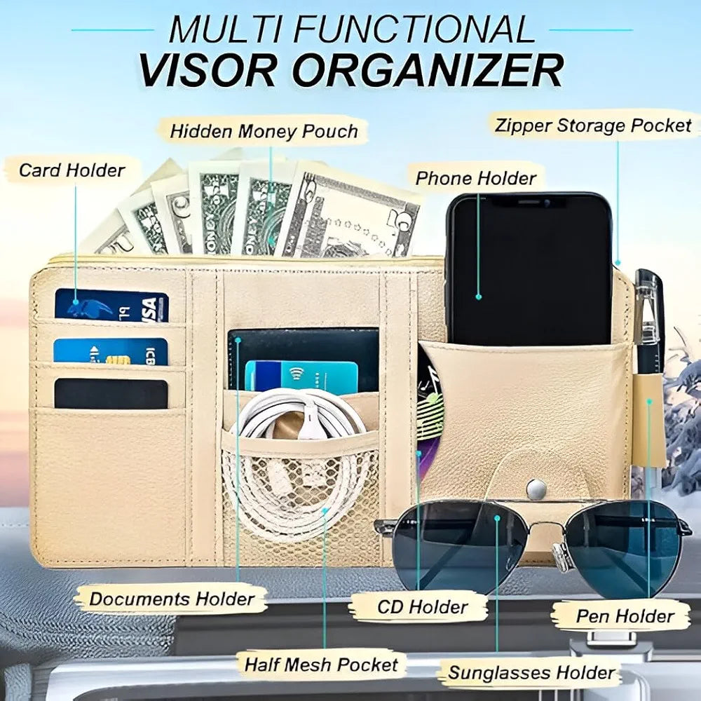 Car Sun Visor Organizer – PU Leather Multi-Pocket Storage Holder for Sunglasses, Cards, Pens & Documents – Universal Fit with Zipper Pouch, Mesh Slot & Secure Strap 