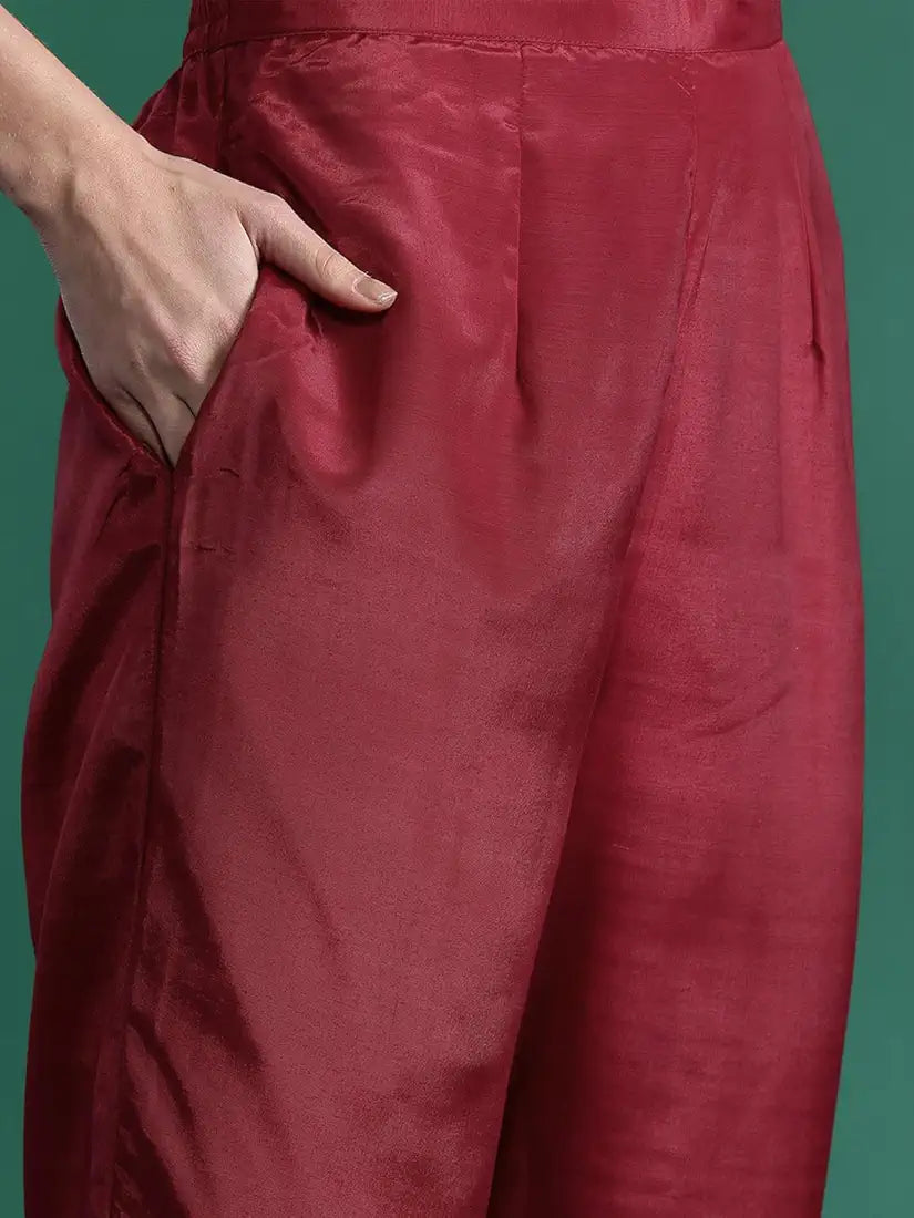 INDO ERA Women's Embroidered Silk Blend Straight Kurta Pant With Dupatta Set 