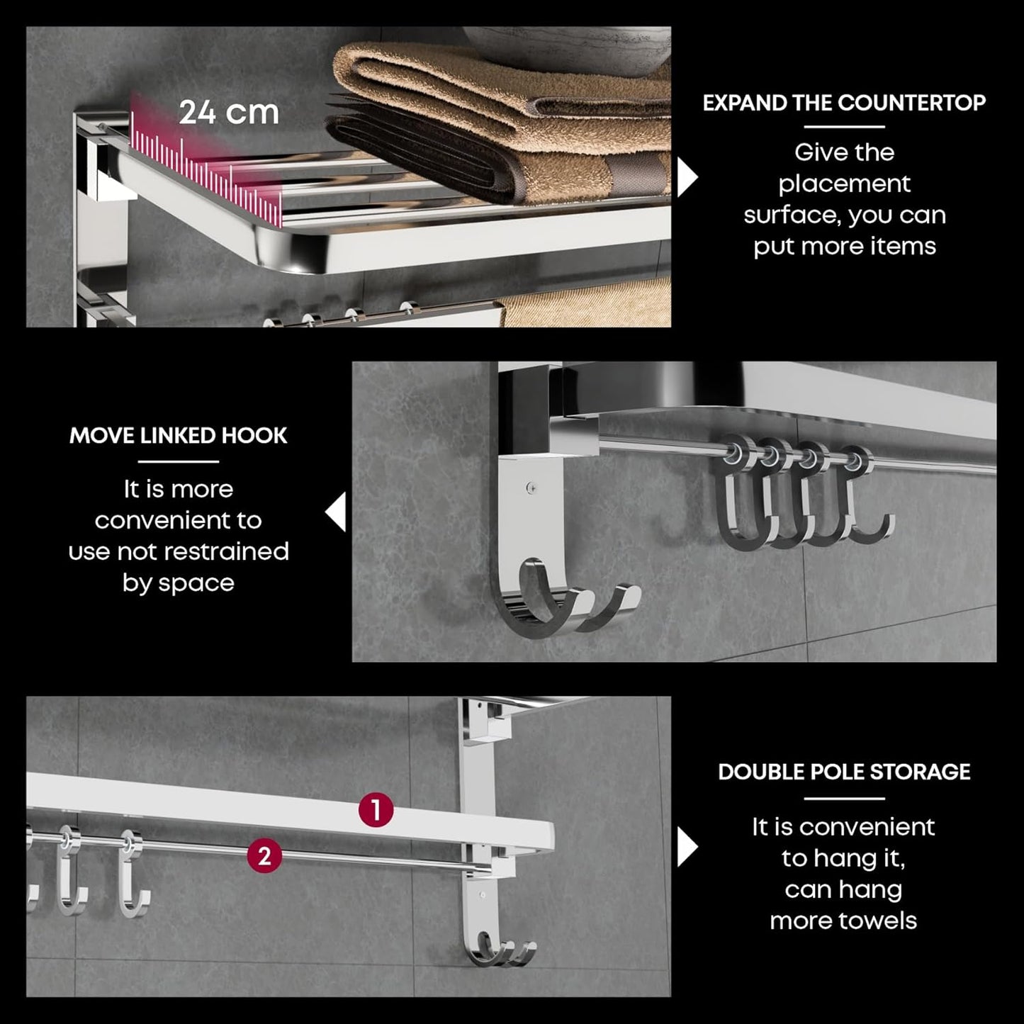 U-S-F BATH ACCESSORIES 24 Inch 304 Grade Stainless Steel Dual Folding Towel Rack/Bathroom Towel Hanger/Foldable Towel Bar for Bathroom Heavy-Duty & Space Saving - Chrome Finish (Pack of 1)
