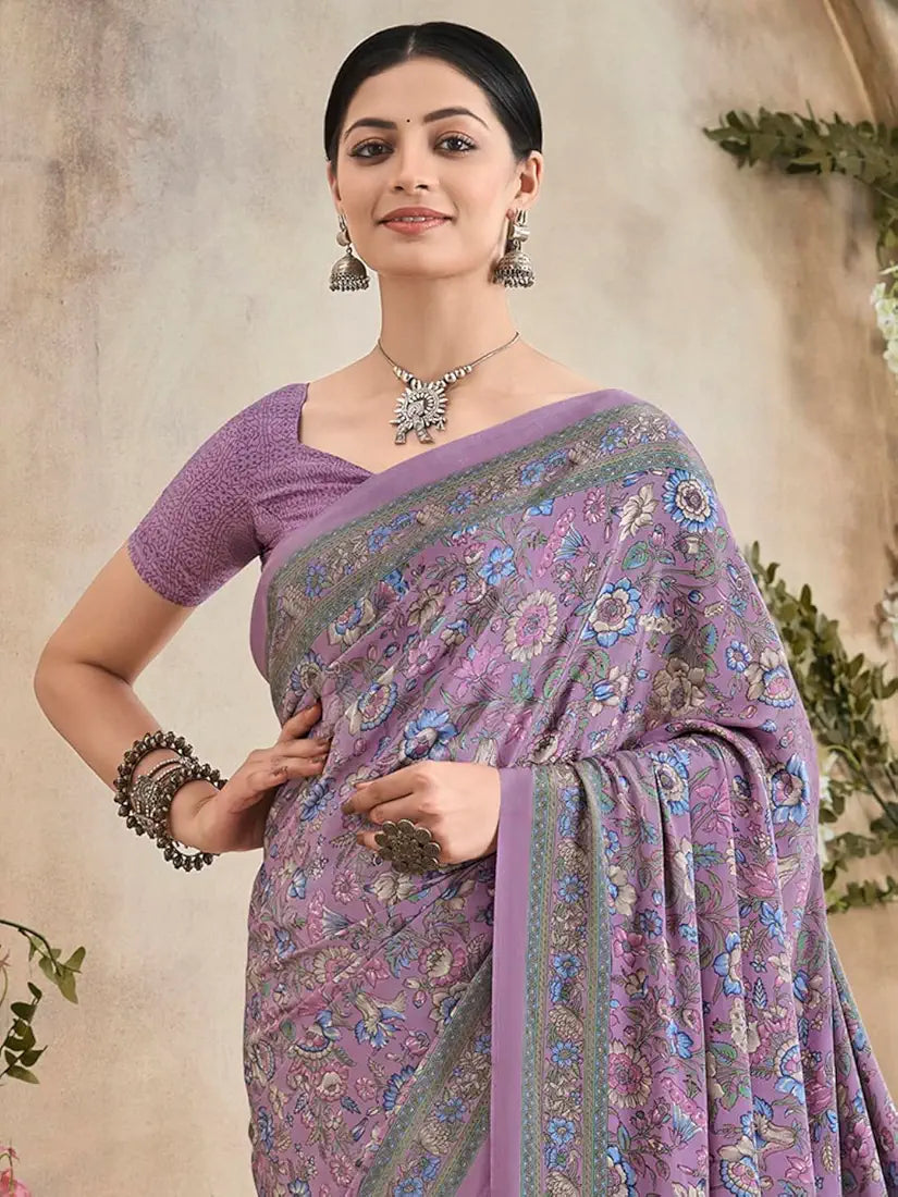AKHILAM Women's Crepe Botanical Printed Saree With Unstitched Blouse 