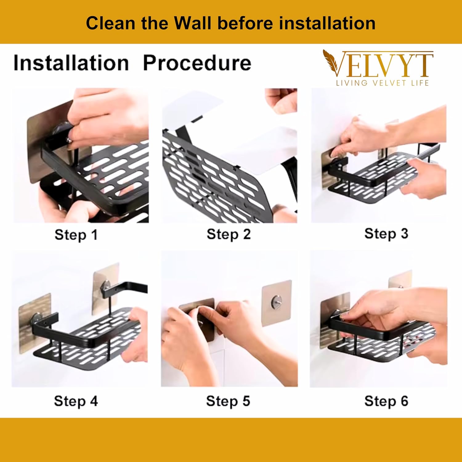 VELVYT LIVING VELVET LIFE Aluminium Bathroom Shelves, Bathroom Organiser Without Drill, Self-Adhesive Multipurpose Wall Mounted Bathroom Shelf & Kitchen Organizer, Bathroom Rack (Pack of 2, Gold)