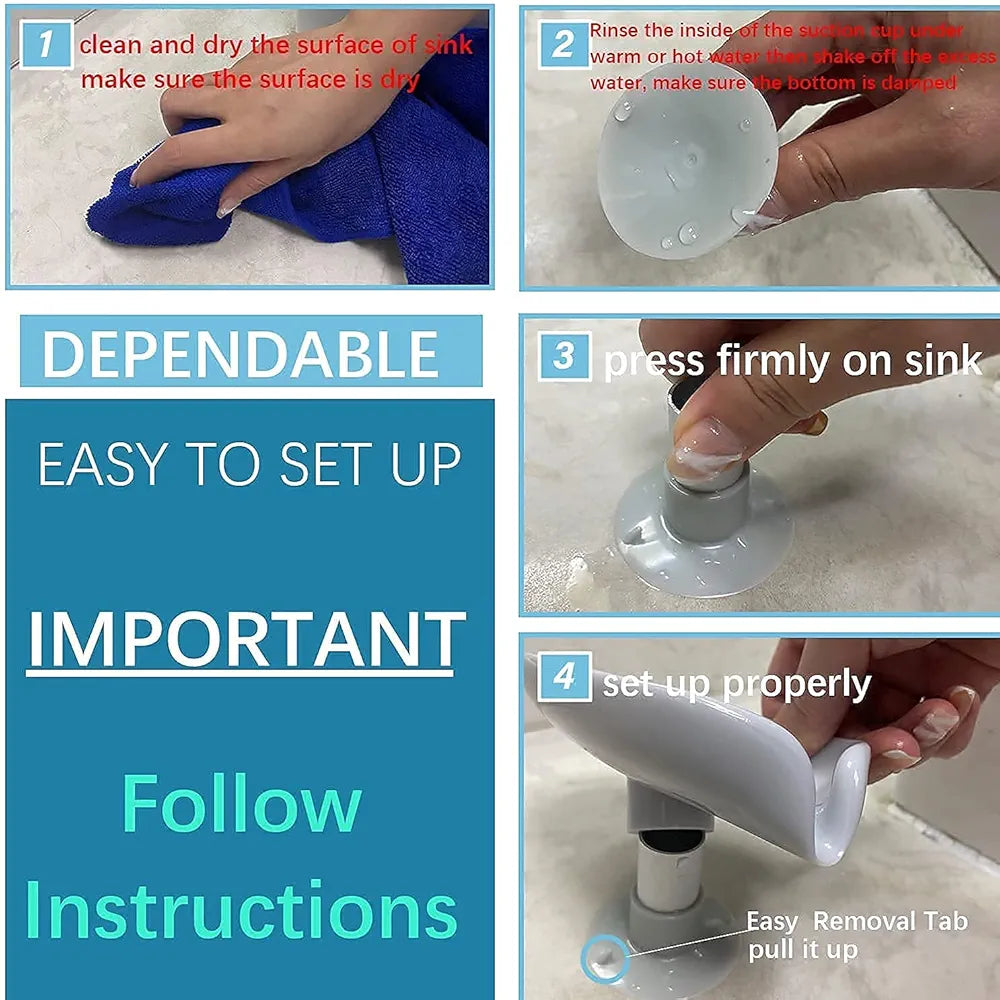 Six Sigma Leaf-Shape Self Draining Soap Dish Holder, Easy Clean Soap Dish for Shower with Suction Cup Creative soap Box, for Bathroom, Kitchen, Bathtub, Wash basins 