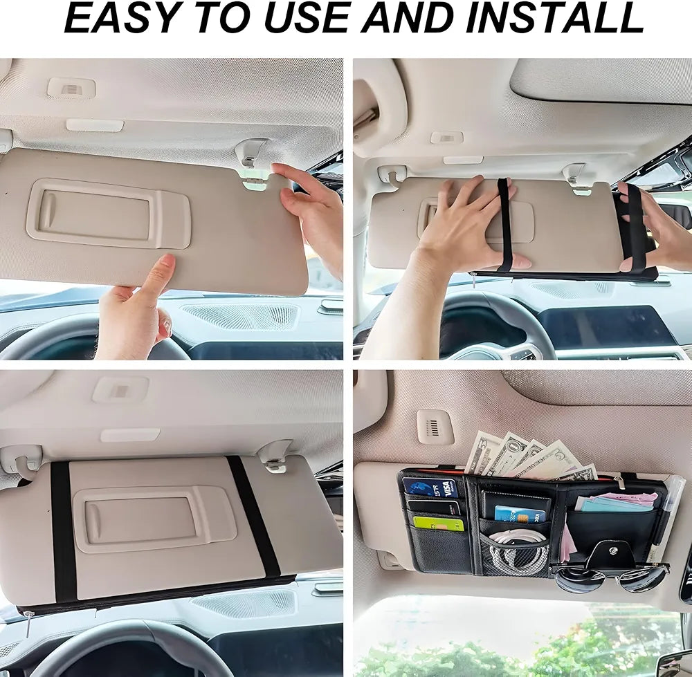 Car Sun Visor Organizer – PU Leather Multi-Pocket Storage Holder for Sunglasses, Cards, Pens & Documents – Universal Fit with Zipper Pouch, Mesh Slot & Secure Strap 