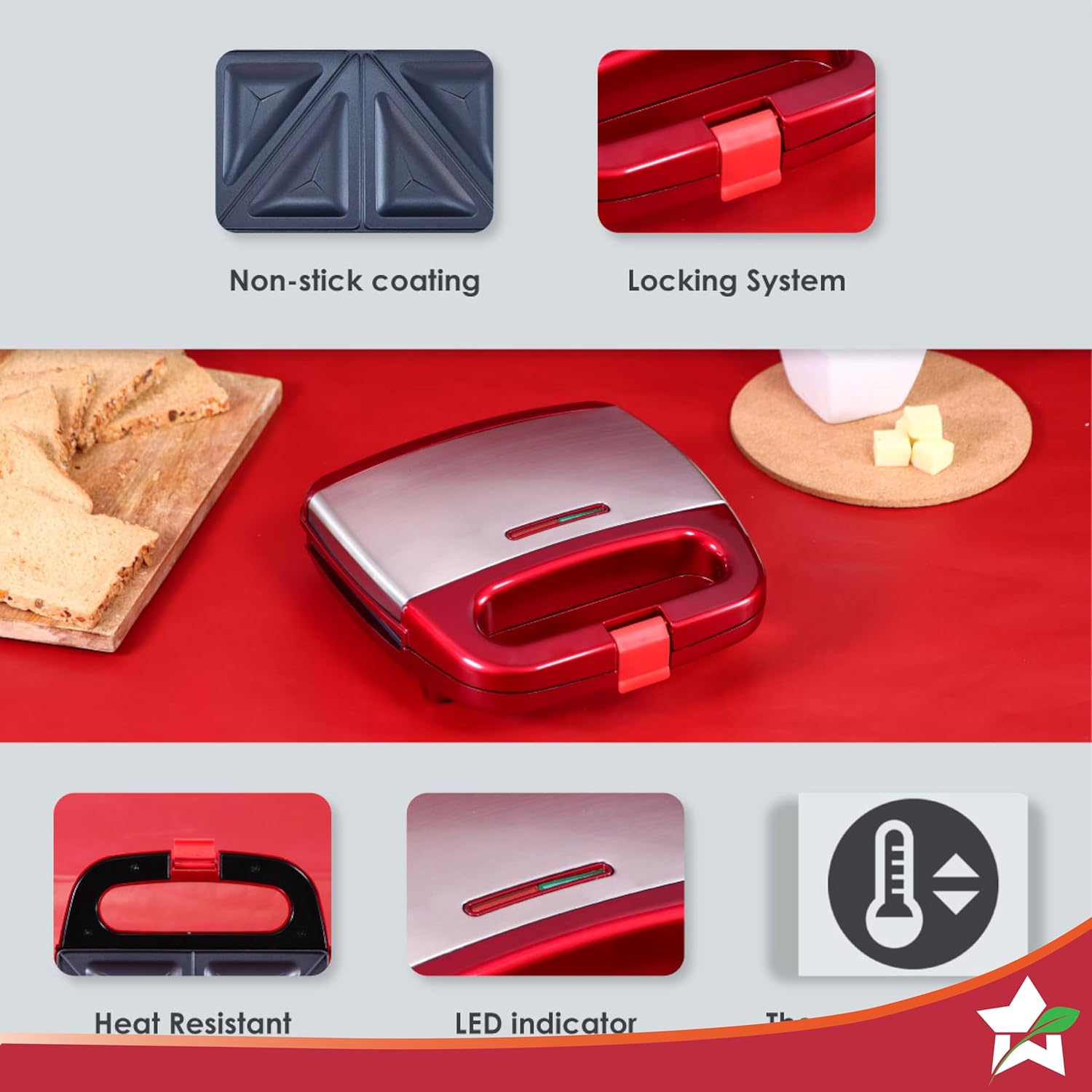 Wonderchef Crimson Edge Non-Stick Electric Griller,Sandwich Maker, Toaster |750 Watt| Auto Temp Control, LED Indicator| Non-Stick Coated Plates, Cool Touch Handle, Buckle Clip Lock| 2 Year Warranty