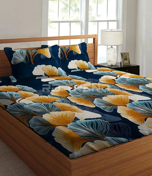 RD TREND Presents Luxurious Glace Cotton Super Soft 210 TC 360° Elastic Fitted Leafs Bedsheet Queen Size  with 2 Pillow Covers, Color-Teal Blue