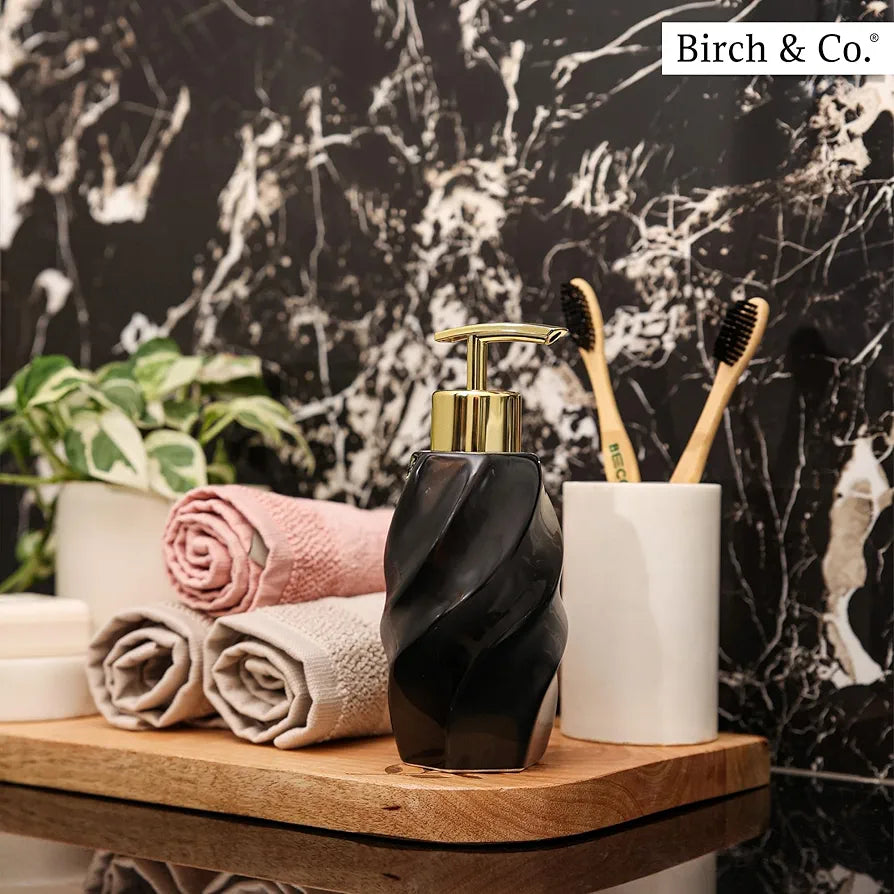 Birch & Co. Ceramic Soap Dispenser For Wash Basin - Handwash Dispenser Bottle - Leak-Proof Design With Silver Glossy BPA-Free Pump, Modern, Black,Soapdispenser_Modern_Black