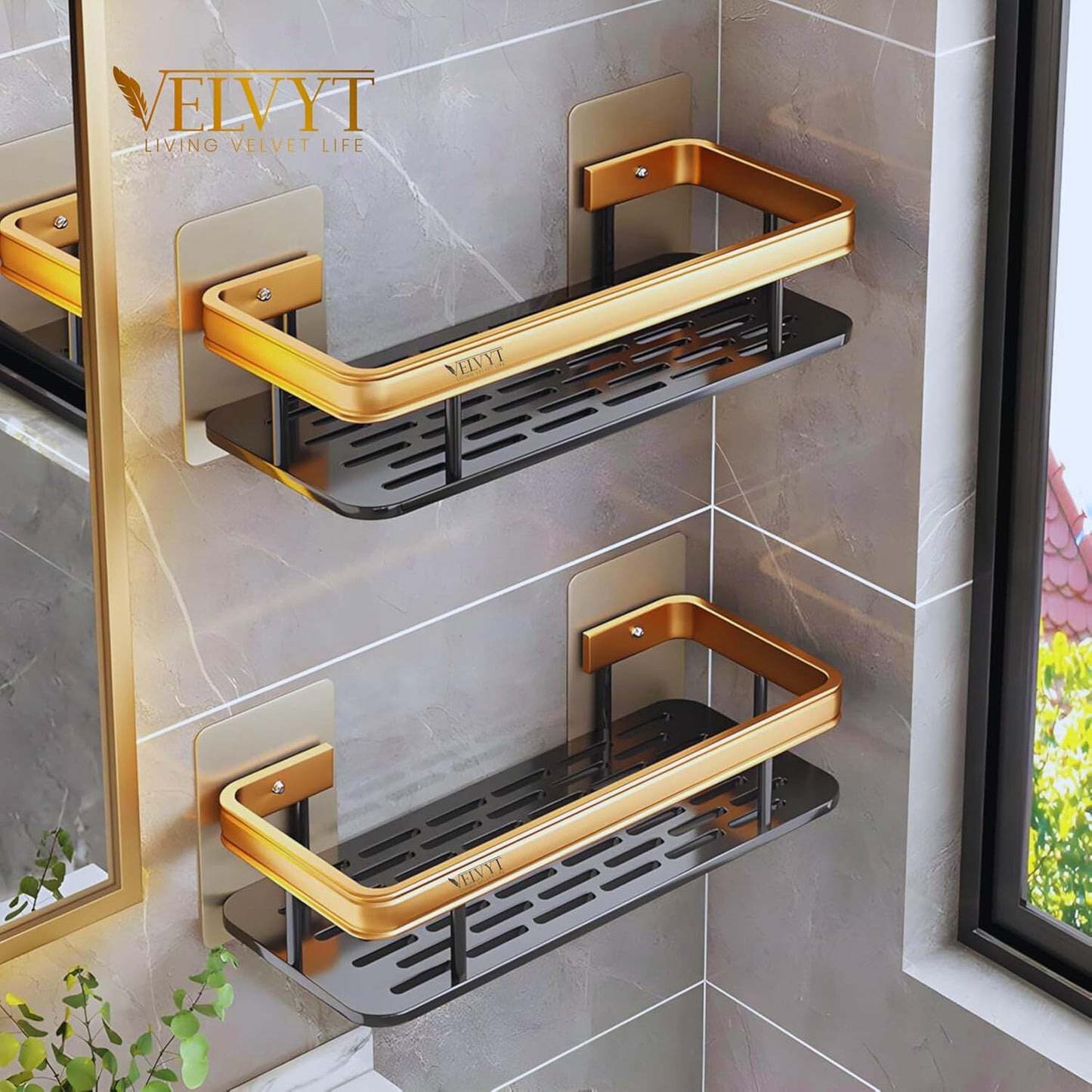 VELVYT LIVING VELVET LIFE Aluminium Bathroom Shelves, Bathroom Organiser Without Drill, Self-Adhesive Multipurpose Wall Mounted Bathroom Shelf & Kitchen Organizer, Bathroom Rack (Pack of 2, Gold)