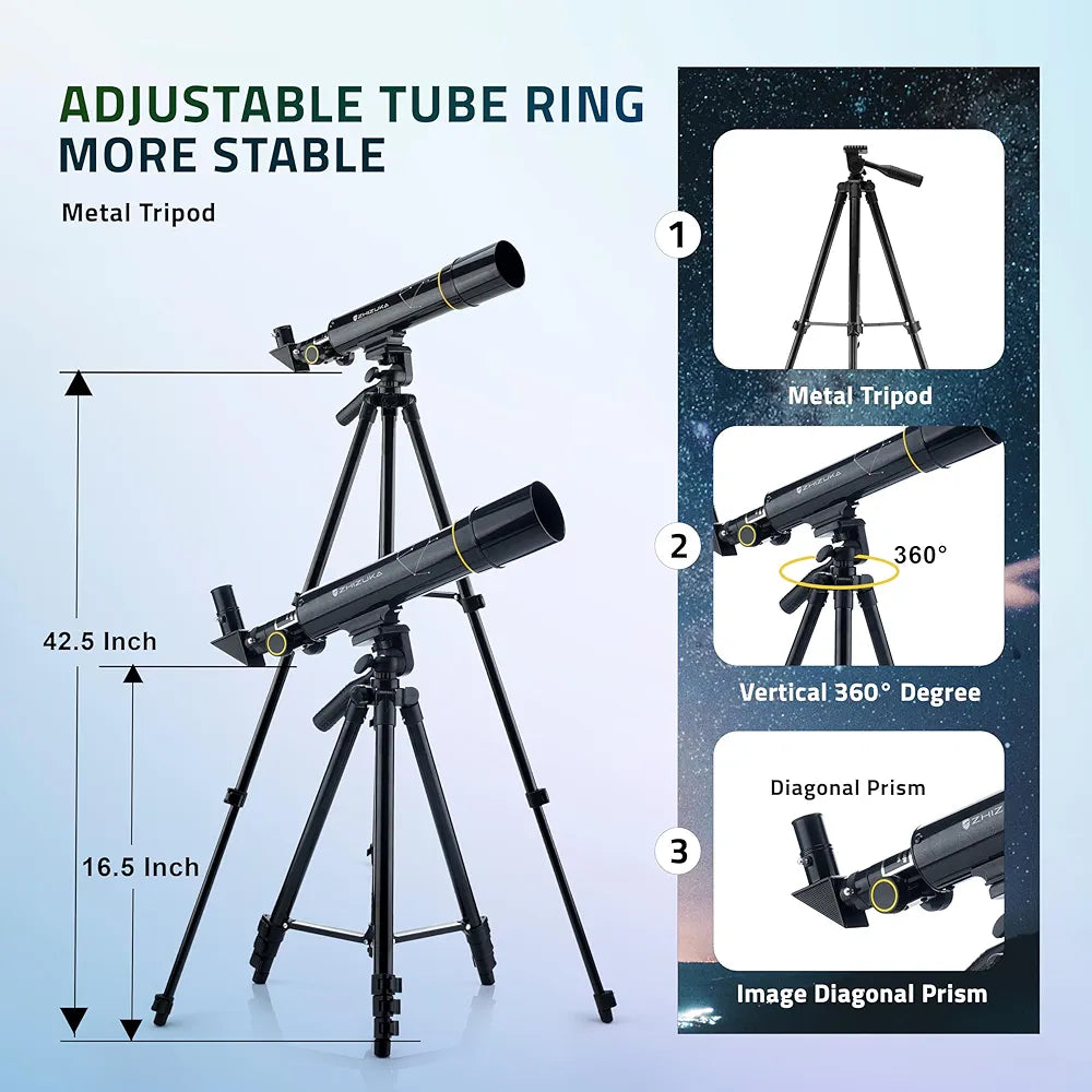 Zhizuka ZH400 Telescope 50mm Aperture 400mm Refractor with Phone Mount and Long Portable Tripod Stand Astronomical Refracting Scope for Kids Beginners and Adults with Phone Adapter