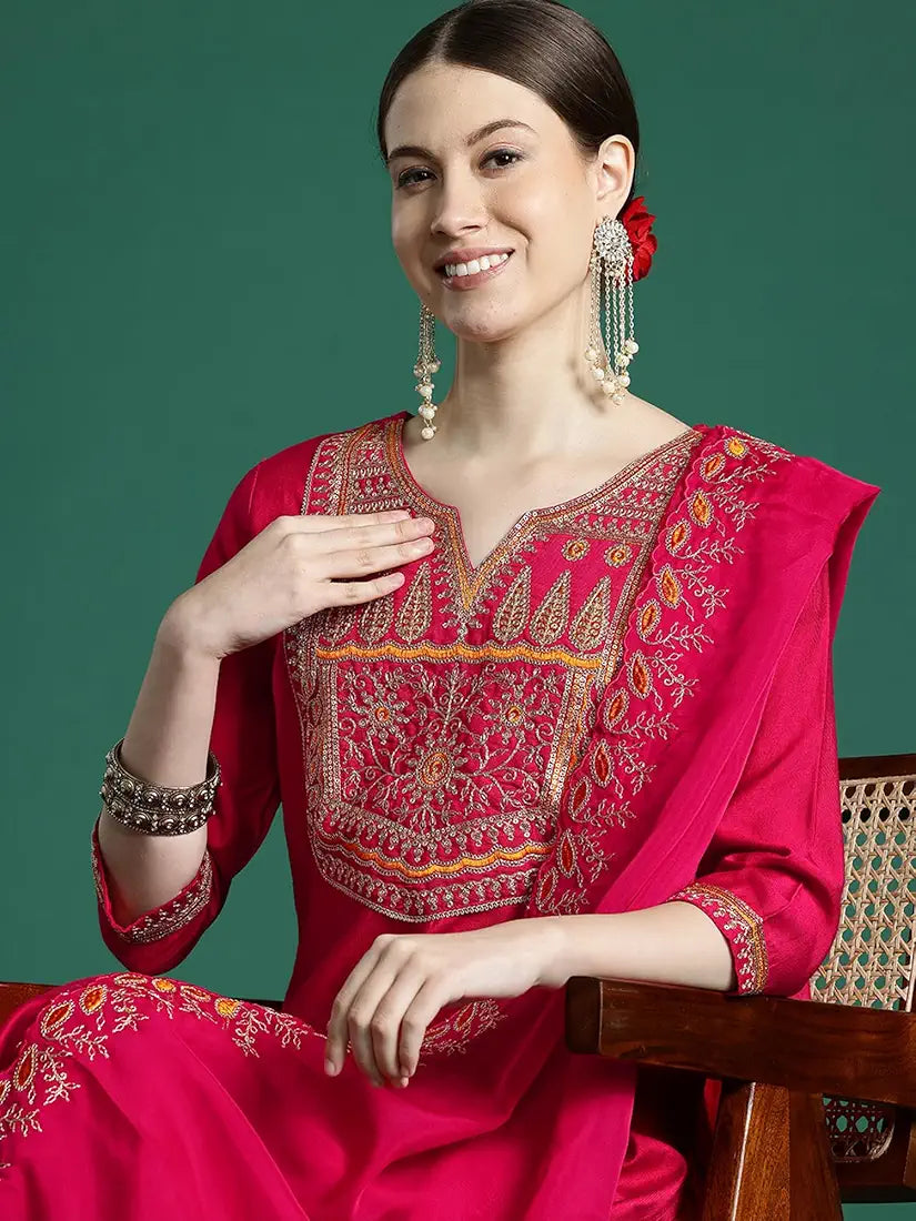 INDO ERA Women's Liva Cotton Blend Embroidered Straight Kurti Pant and Dupatta Set 