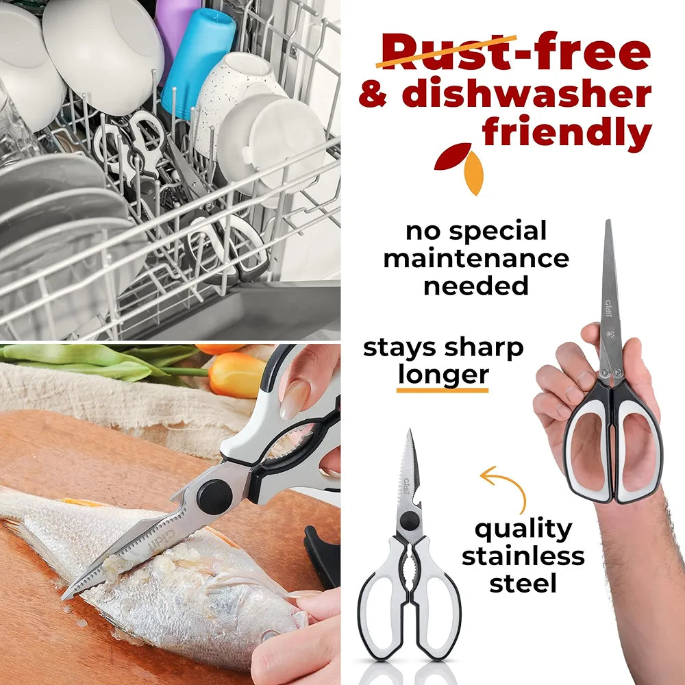 Gidli - Kitchen scissors - Includes herb scissors as bonus - sturdy and ultra-quiet stainless steel multi-function scissors