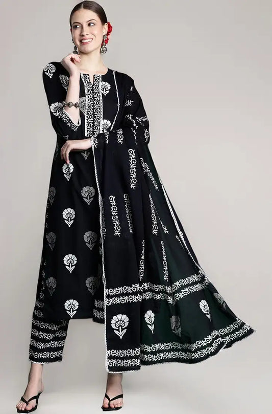 INDO ERA Women's Printed Pure Cotton Straight Kurta Pant With Dupatta Set 