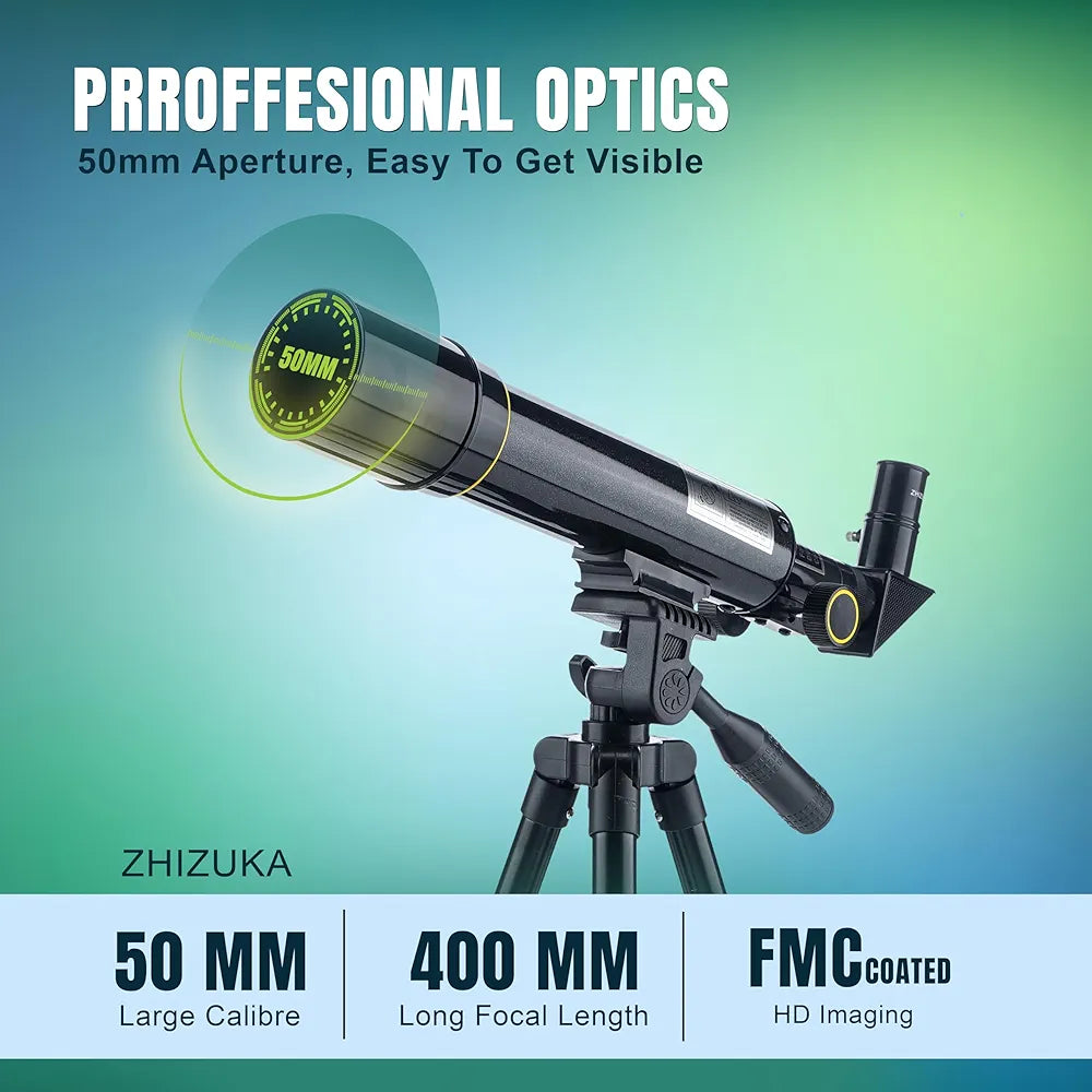 Zhizuka ZH400 Telescope 50mm Aperture 400mm Refractor with Phone Mount and Long Portable Tripod Stand Astronomical Refracting Scope for Kids Beginners and Adults with Phone Adapter