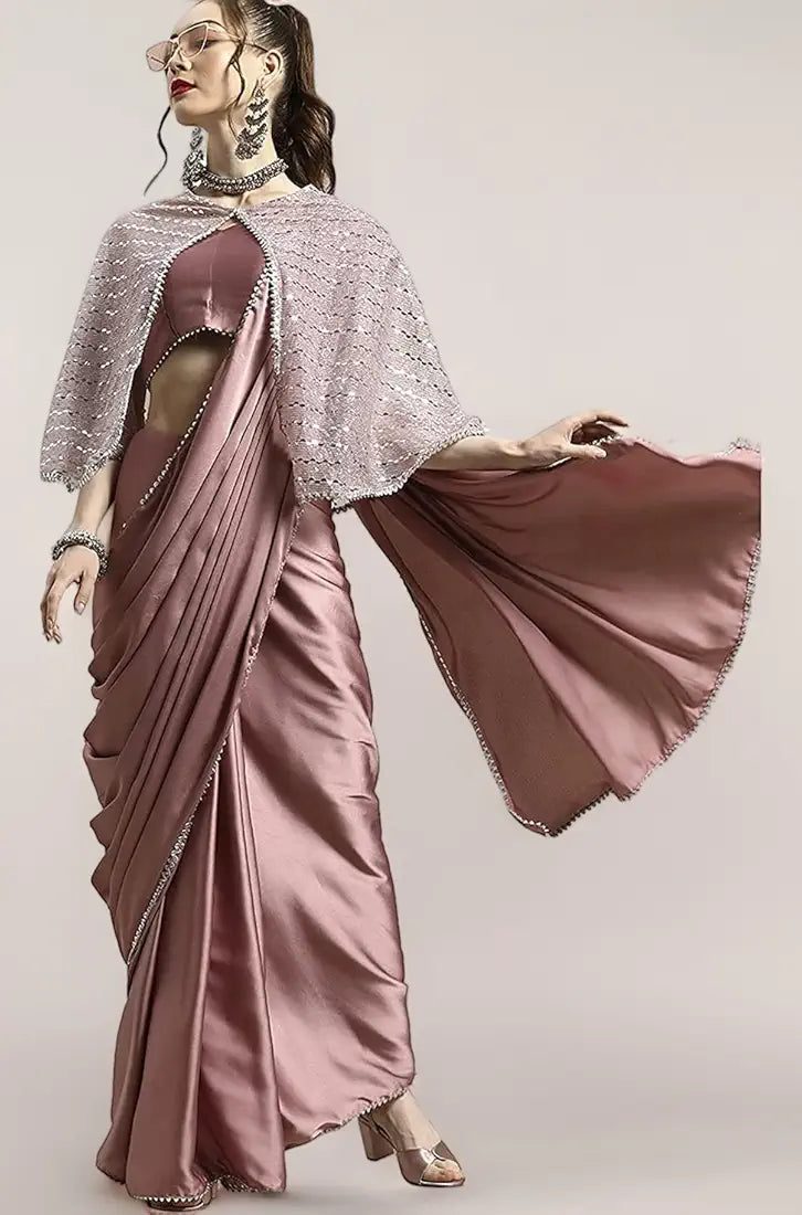 Womanista Women's Satin Saree with Embellished Cape 