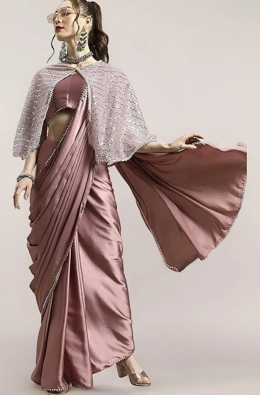 Womanista Women's Satin Saree with Embellished Cape 