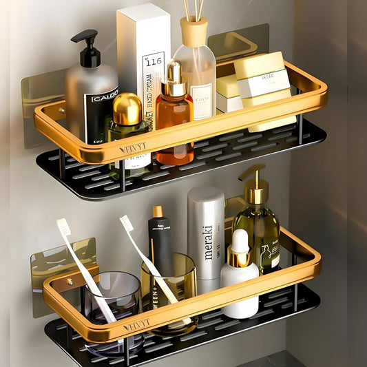 VELVYT LIVING VELVET LIFE Aluminium Bathroom Shelves, Bathroom Organiser Without Drill, Self-Adhesive Multipurpose Wall Mounted Bathroom Shelf & Kitchen Organizer, Bathroom Rack (Pack of 2, Gold)