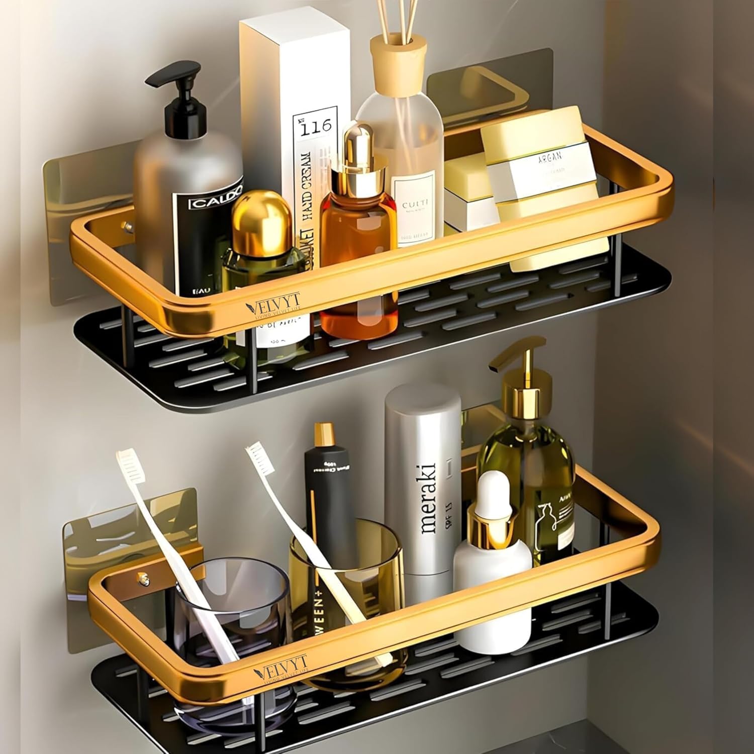 VELVYT LIVING VELVET LIFE Aluminium Bathroom Shelves, Bathroom Organiser Without Drill, Self-Adhesive Multipurpose Wall Mounted Bathroom Shelf & Kitchen Organizer, Bathroom Rack (Pack of 2, Gold)