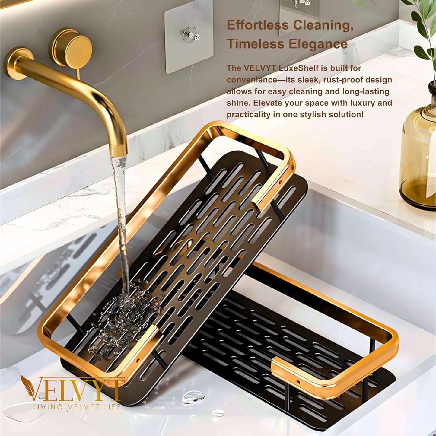 VELVYT LIVING VELVET LIFE Aluminium Bathroom Shelves, Bathroom Organiser Without Drill, Self-Adhesive Multipurpose Wall Mounted Bathroom Shelf & Kitchen Organizer, Bathroom Rack (Pack of 2, Gold)
