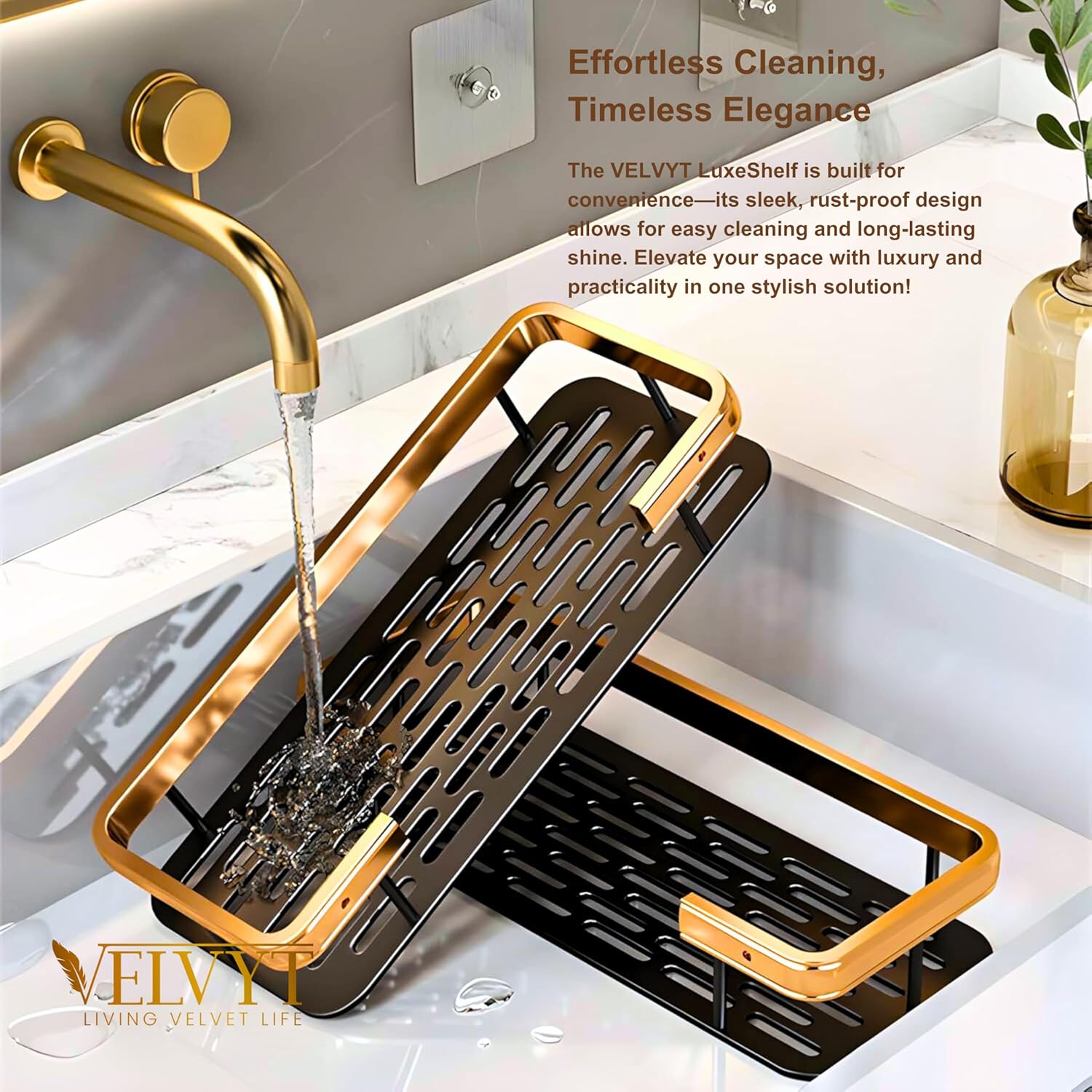 VELVYT LIVING VELVET LIFE Aluminium Bathroom Shelves, Bathroom Organiser Without Drill, Self-Adhesive Multipurpose Wall Mounted Bathroom Shelf & Kitchen Organizer, Bathroom Rack (Pack of 2, Gold)