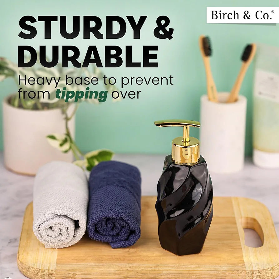 Birch & Co. Ceramic Soap Dispenser For Wash Basin - Handwash Dispenser Bottle - Leak-Proof Design With Silver Glossy BPA-Free Pump, Modern, Black,Soapdispenser_Modern_Black
