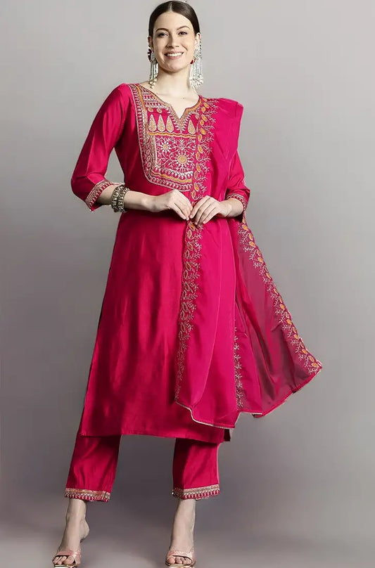 INDO ERA Women's Liva Cotton Blend Embroidered Straight Kurti Pant and Dupatta Set 
