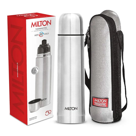 Milton Flip Lid 1000 Thermosteel Water Bottle 1 LTR, 24 Hr Hot and Cold I Leak Proof Lid, ISI Certified I Vacuum Insulated I for Office, Gym, School I Silver