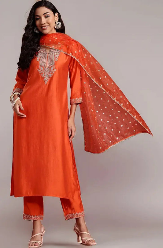 INDO ERA Women'S Embroidered Viscose Straight Kurta And Pant With Dupatta Set 