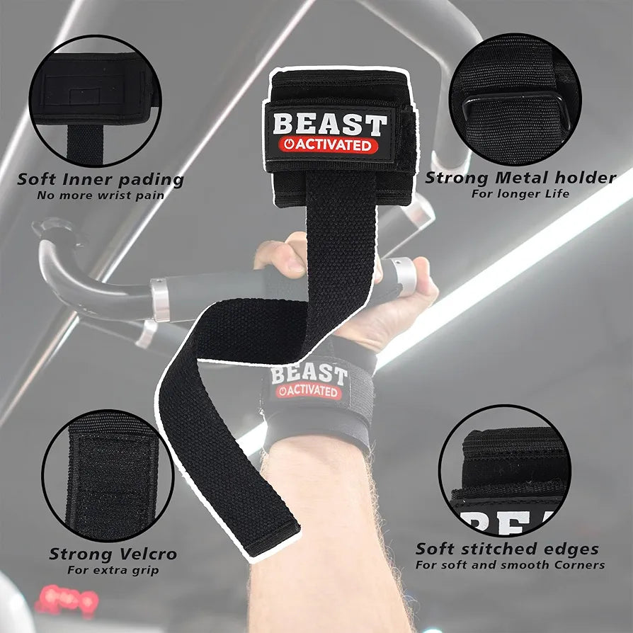 EasyHealth Beast Activated Deadlift Weight lifting Wrist Straps For Gym Hand Grips Band Support With Soft Cushioned Padding And Long Straps, For Max Grip And Barbell Stability