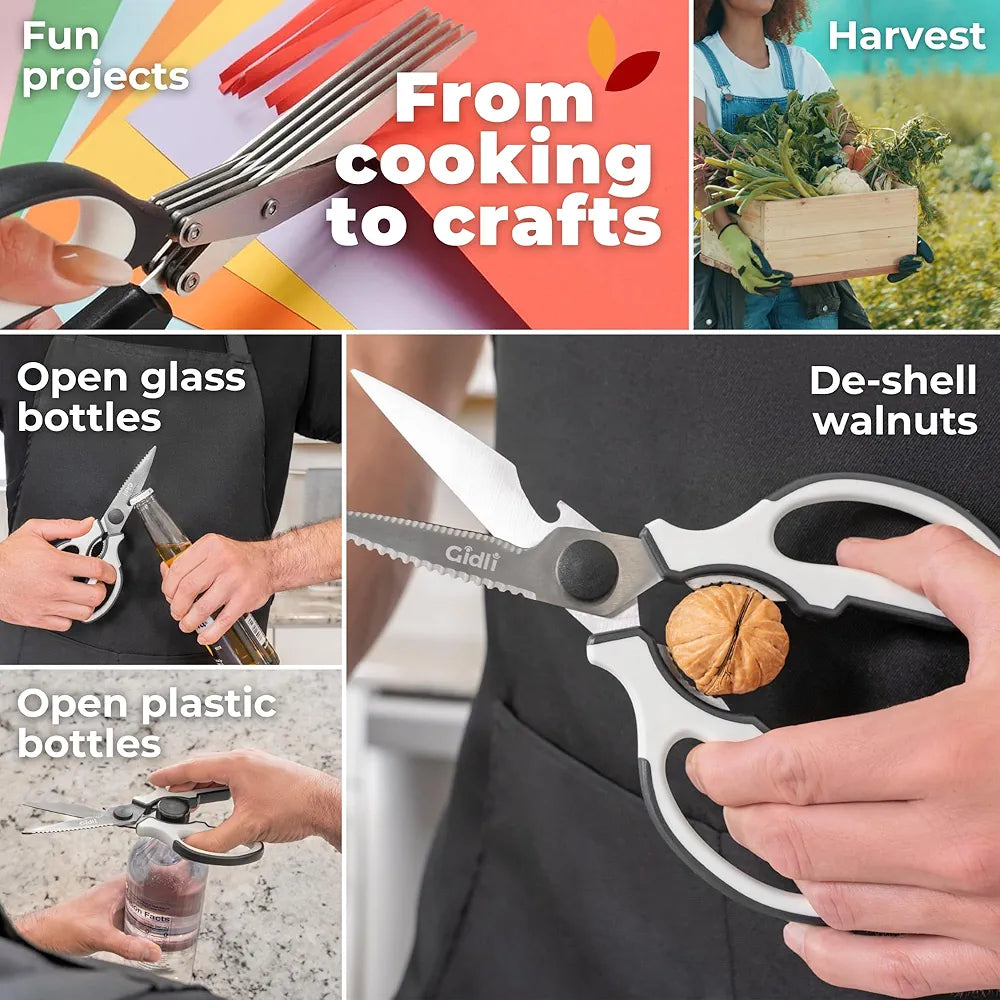 Gidli - Kitchen scissors - Includes herb scissors as bonus - sturdy and ultra-quiet stainless steel multi-function scissors