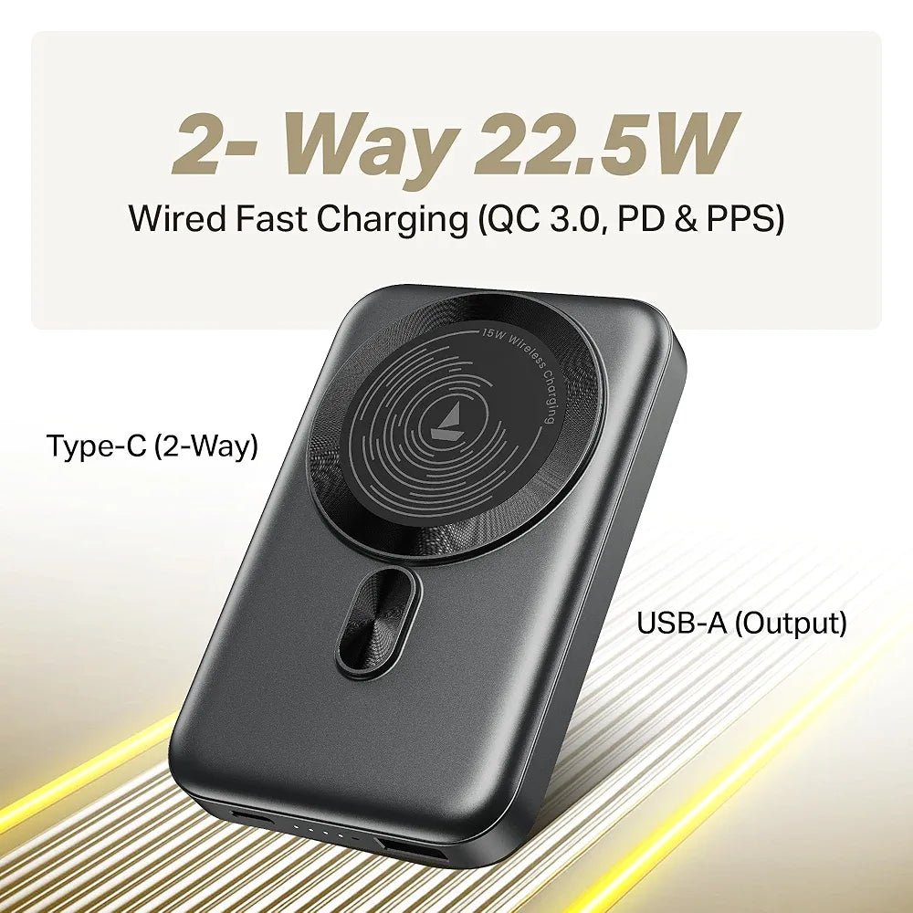 boAt New Launch EnergyShroom PB331  10000mAh Magnetic Wireless Powerbank, 15W Wireless & 22.5W Wired Charging for  