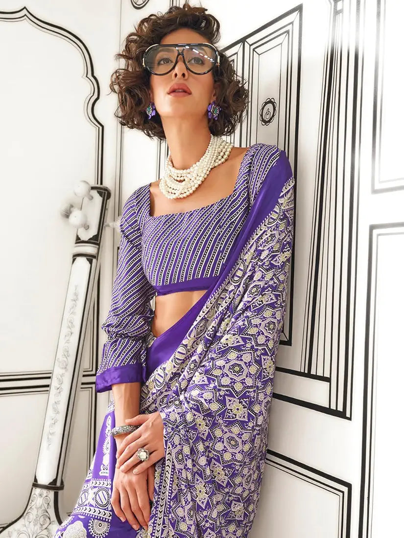 AKHILAM Women's Multicolor Crepe Ajrak Printed Saree With Unstitched Blouse Piece 