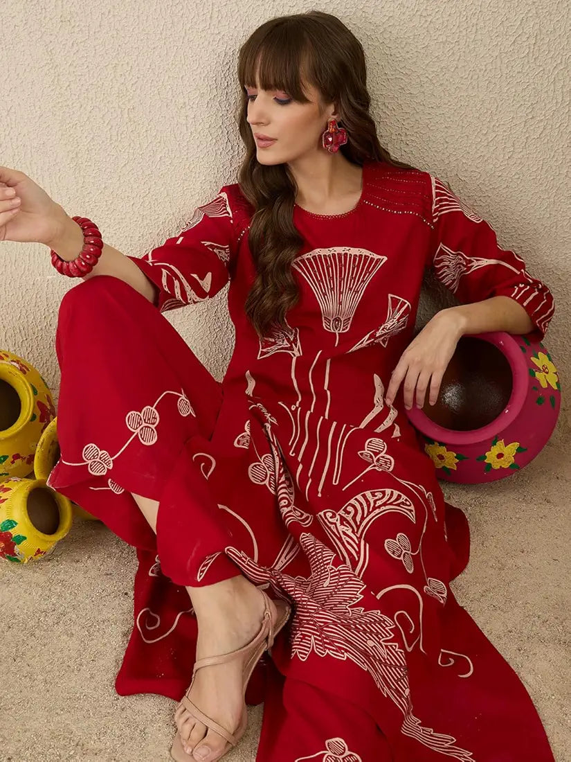 INDO ERA Women's Straight Viscose Rayon Ethnic Motifs Printed Kurta & Palazzo Set 