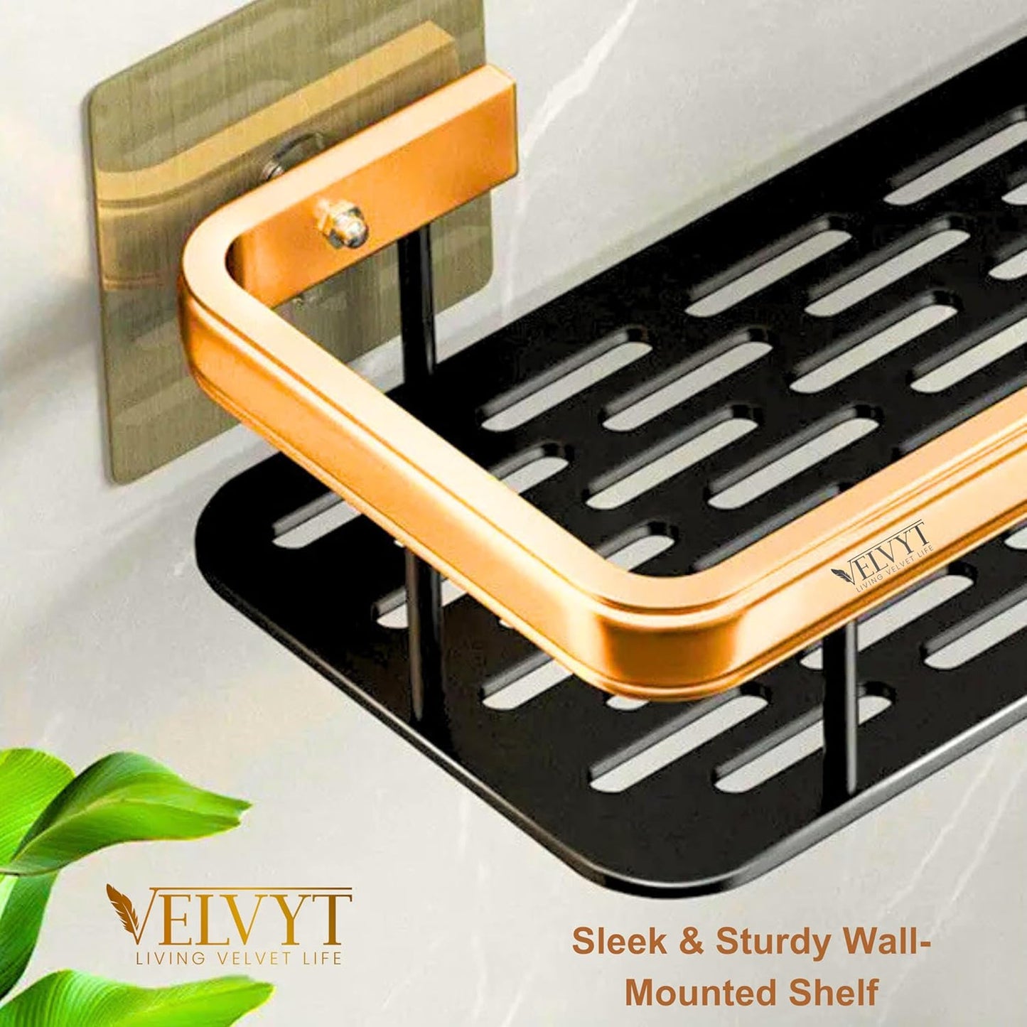VELVYT LIVING VELVET LIFE Aluminium Bathroom Shelves, Bathroom Organiser Without Drill, Self-Adhesive Multipurpose Wall Mounted Bathroom Shelf & Kitchen Organizer, Bathroom Rack (Pack of 2, Gold)