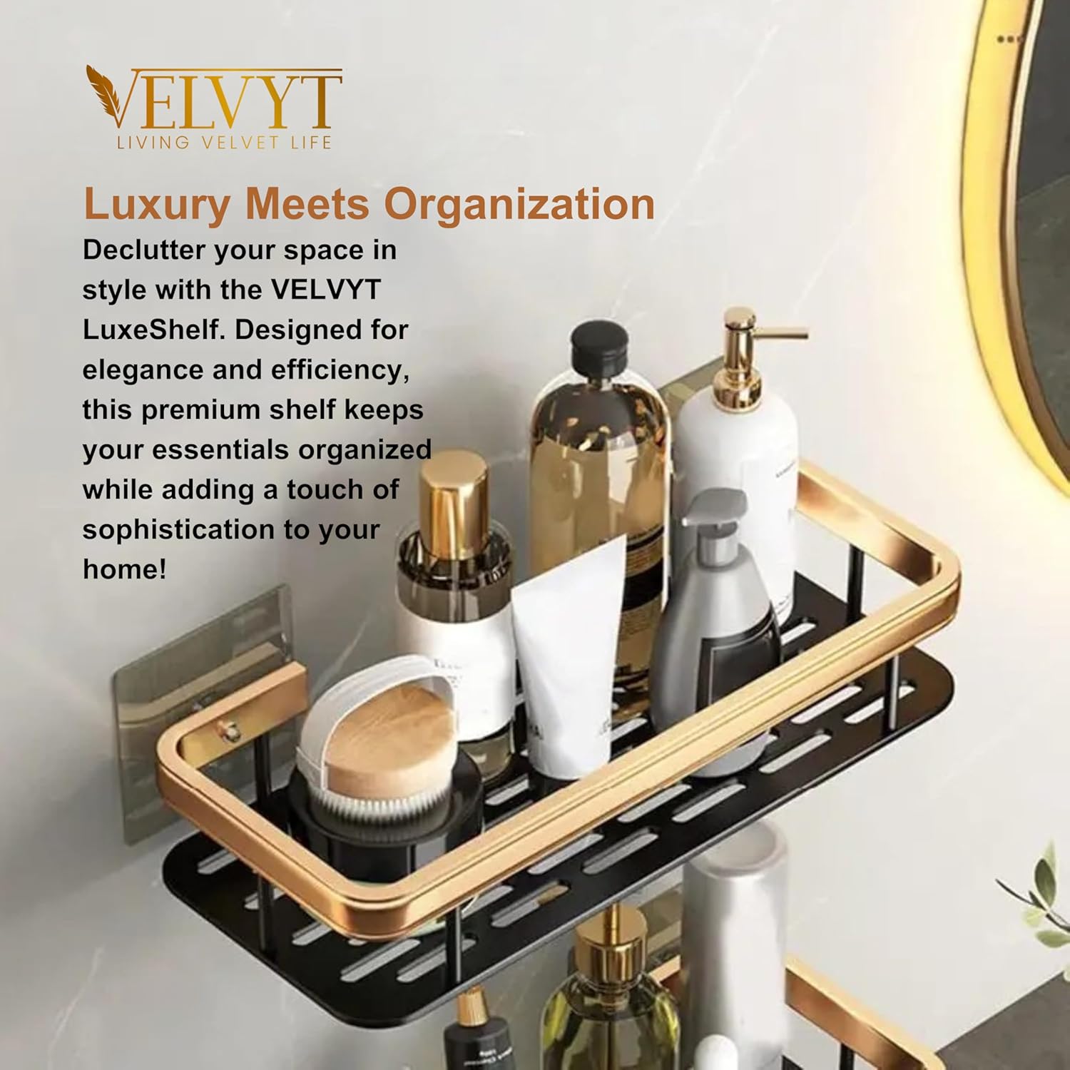 VELVYT LIVING VELVET LIFE Aluminium Bathroom Shelves, Bathroom Organiser Without Drill, Self-Adhesive Multipurpose Wall Mounted Bathroom Shelf & Kitchen Organizer, Bathroom Rack (Pack of 2, Gold)