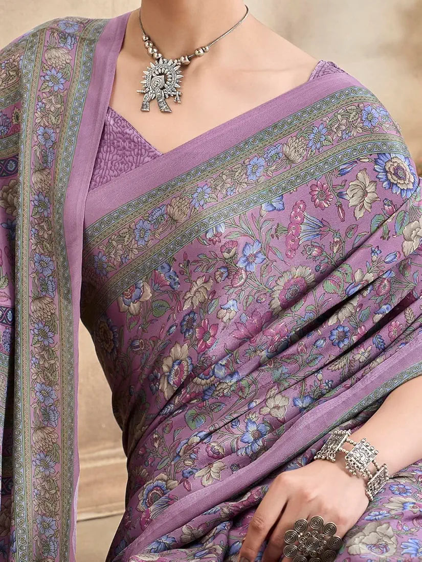 AKHILAM Women's Crepe Botanical Printed Saree With Unstitched Blouse 