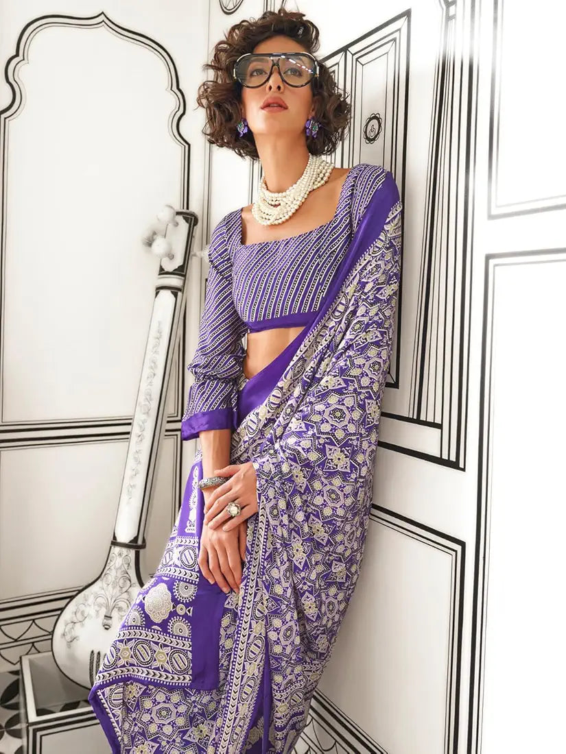 AKHILAM Women's Multicolor Crepe Ajrak Printed Saree With Unstitched Blouse Piece 