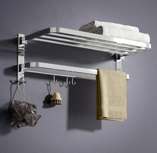 GLOXY Stainless Steel Folding 24 Inches Large Towel Rack for Bathroom/Towel Stand for Bathroom Accessories Set and Fittings  Optimal Storage, with Sleek Chrome Finish