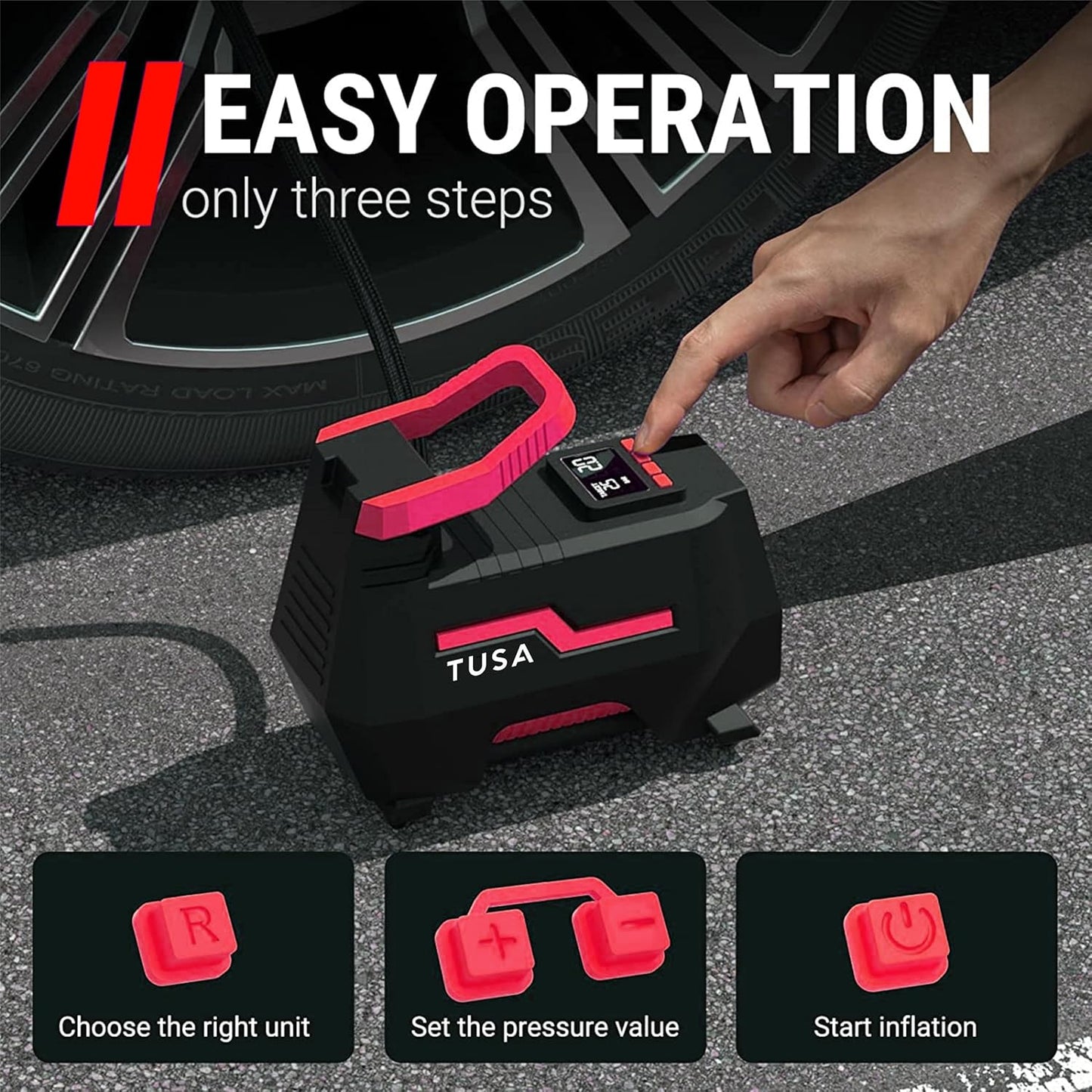 TUSA AC/DC 2-in-1 Tyre Inflator - Portable Air Compressor for Car & Home, Air Pump with Auto Shutof & Fast Inflation.