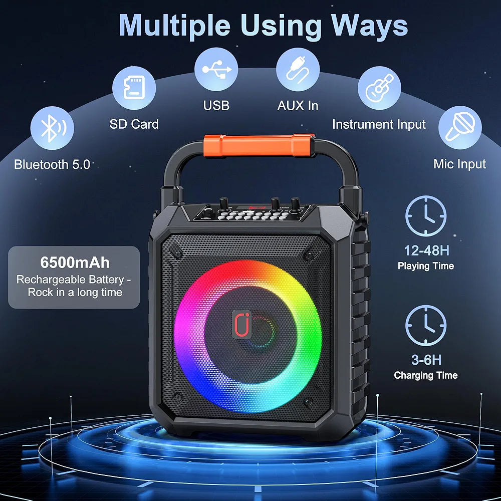 JYX Karaoke Machine with Two Wireless Microphones, Portable Bluetooth Karaoke Speaker with LED Lights for Kids and Adults, PA System Speaker Supports TF Card/USB/AUX-in/REC for Party