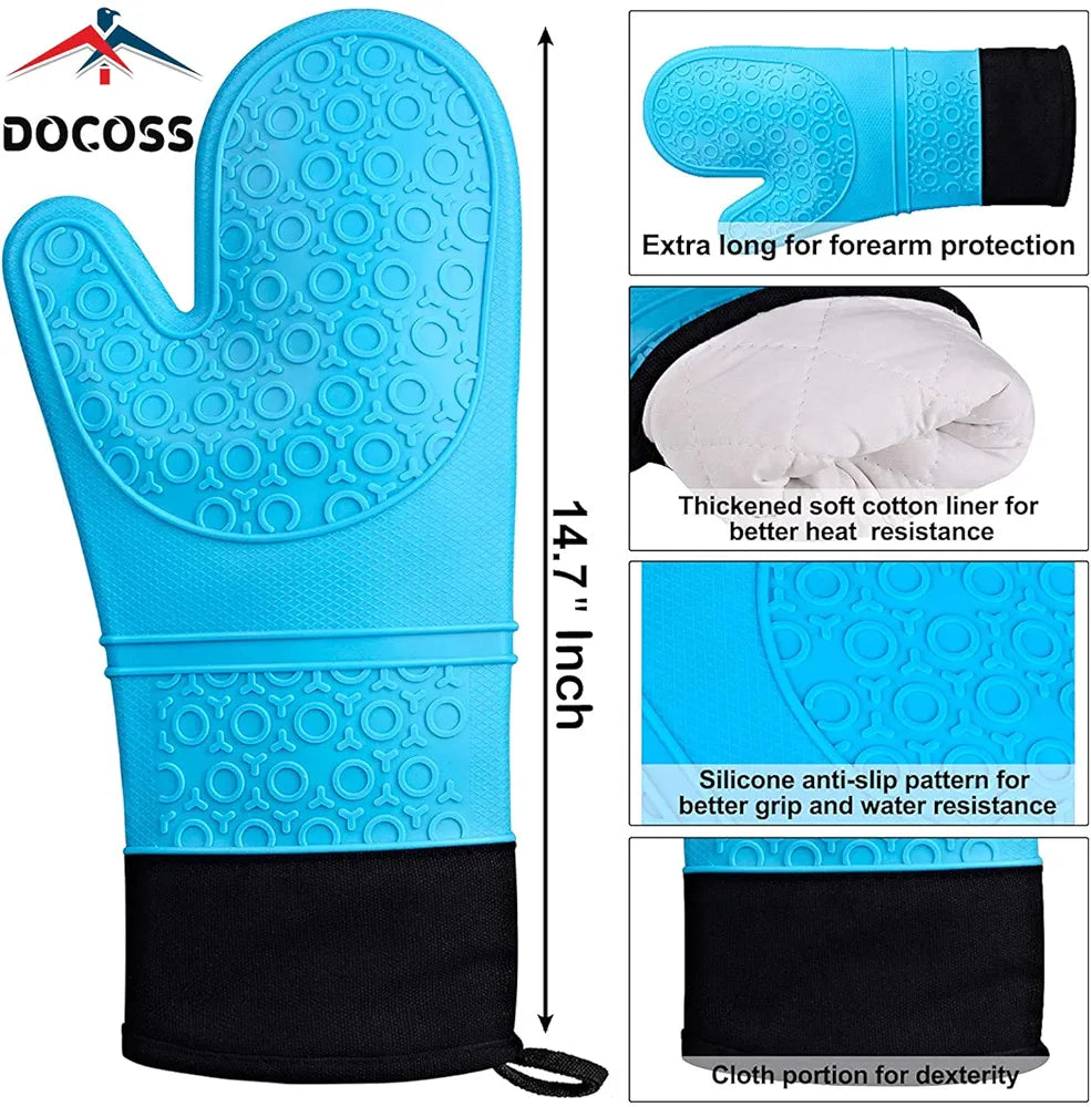 DOCOSS Large Silicone Oven Mitts Cotten Quilted Silicone Heat Proof Kitchen Oven Gloves for Baking 37.3 x 18.3 cms, 2 pc Set, Blue
