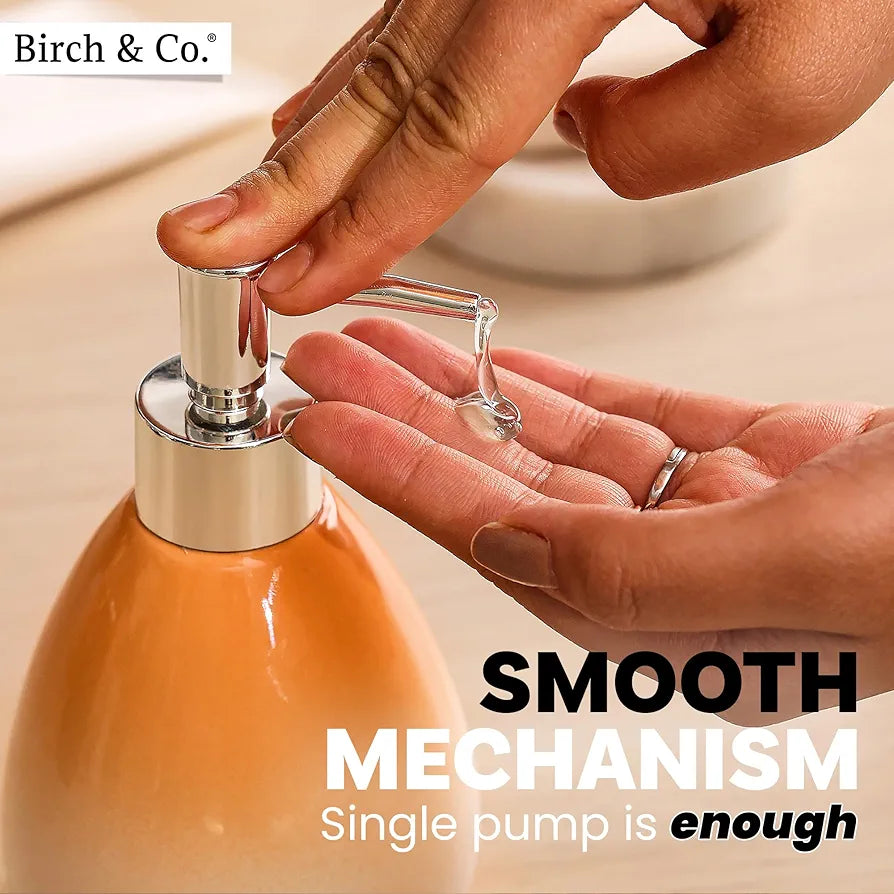 Birch & Co. Ceramic Soap Dispenser For Wash Basin - Handwash Dispenser Bottle - Leak-Proof Design With Silver Glossy BPA-Free Pump, Omra, Peach,Soapdispenser_Omra_Peach