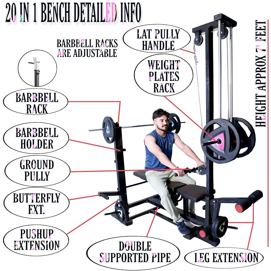 VAISHNAVI FITNESS 20 in1 Gym Bench 20 Kg Rubber  with LAT Pull Down for Home Workout - Max Weight- 250 KG