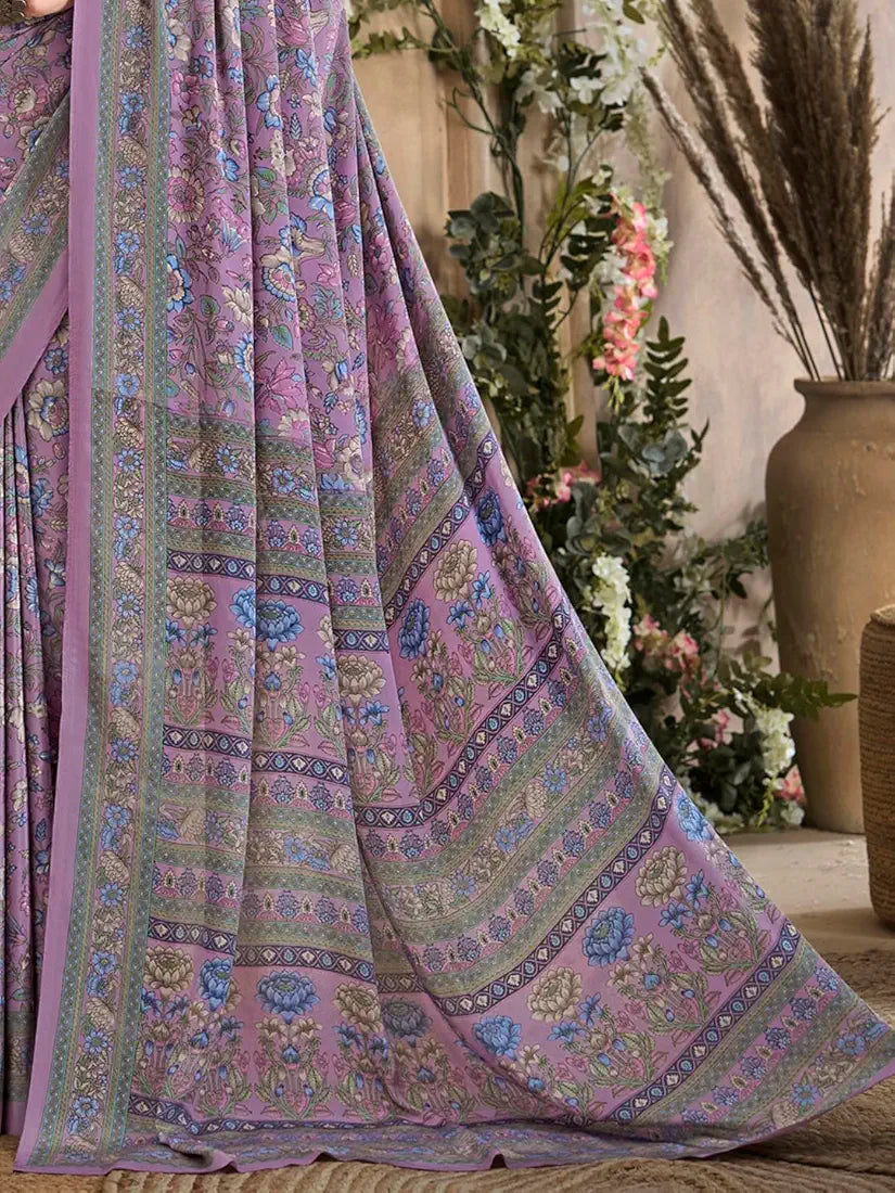 AKHILAM Women's Crepe Botanical Printed Saree With Unstitched Blouse 