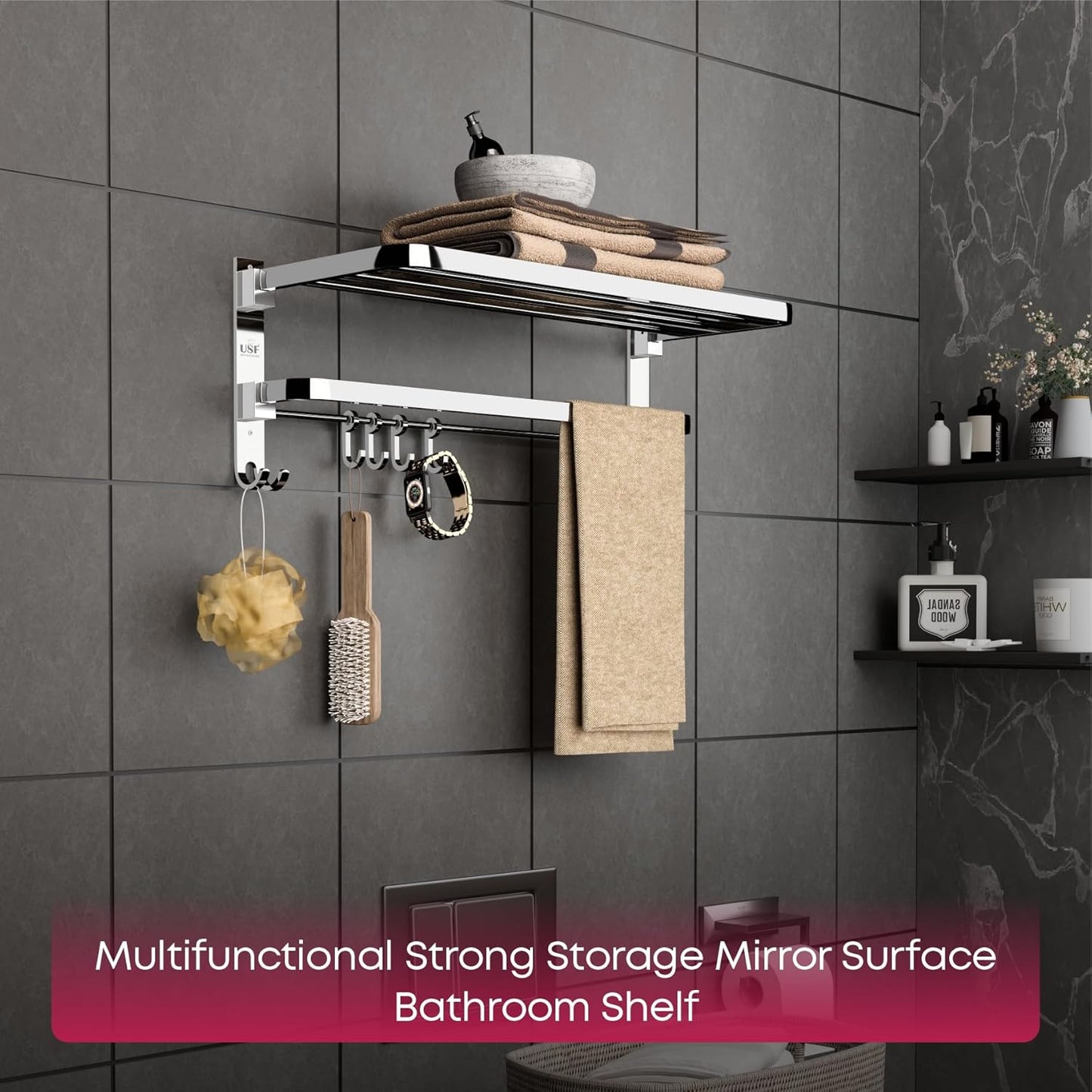 U-S-F BATH ACCESSORIES 24 Inch 304 Grade Stainless Steel Dual Folding Towel Rack/Bathroom Towel Hanger/Foldable Towel Bar for Bathroom Heavy-Duty & Space Saving - Chrome Finish (Pack of 1)