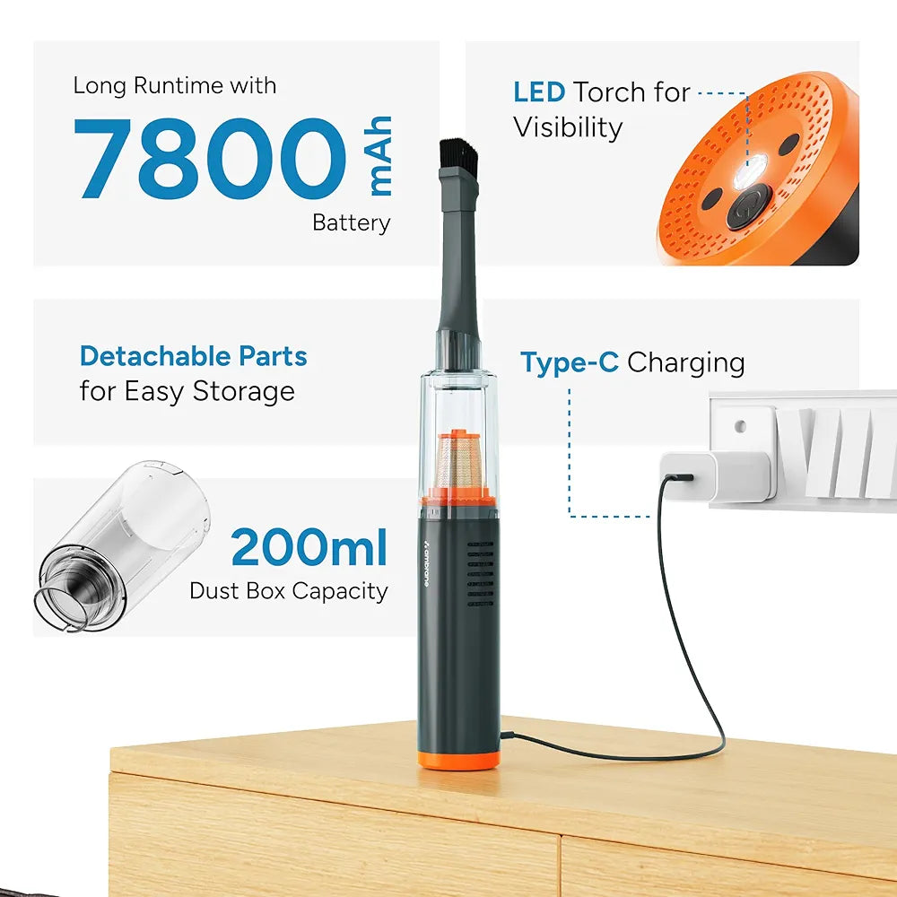 Ambrane 14kPA Powerful Suction 100W Wireless Hand Vacuum Cleaner, BLDC Motor HEPA Filter, Compact & Lightweight for Car, Home use, & Pet Hair 