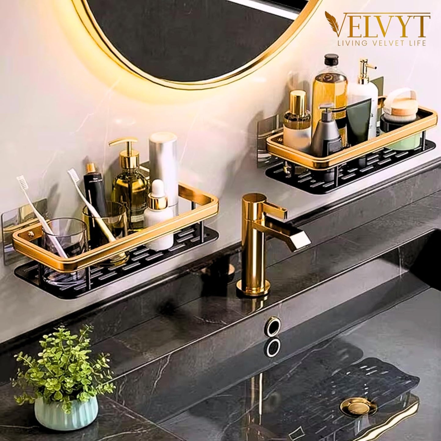 VELVYT LIVING VELVET LIFE Aluminium Bathroom Shelves, Bathroom Organiser Without Drill, Self-Adhesive Multipurpose Wall Mounted Bathroom Shelf & Kitchen Organizer, Bathroom Rack (Pack of 2, Gold)
