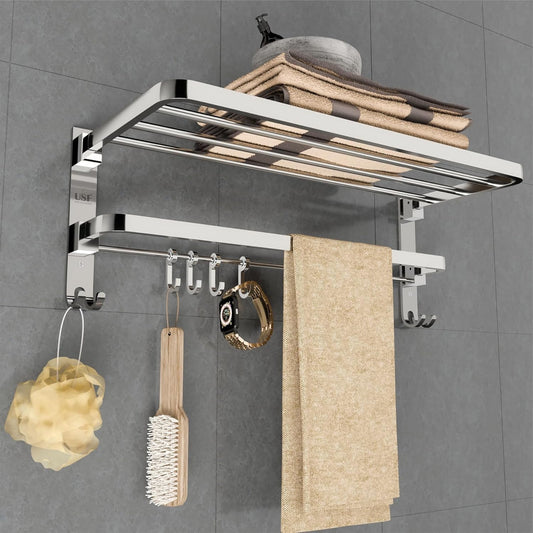 U-S-F BATH ACCESSORIES 24 Inch 304 Grade Stainless Steel Dual Folding Towel Rack/Bathroom Towel Hanger/Foldable Towel Bar for Bathroom Heavy-Duty & Space Saving - Chrome Finish (Pack of 1)