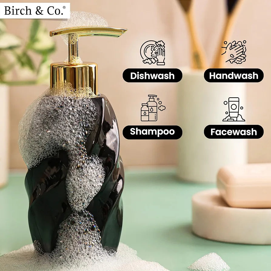 Birch & Co. Ceramic Soap Dispenser For Wash Basin - Handwash Dispenser Bottle - Leak-Proof Design With Silver Glossy BPA-Free Pump, Modern, Black,Soapdispenser_Modern_Black