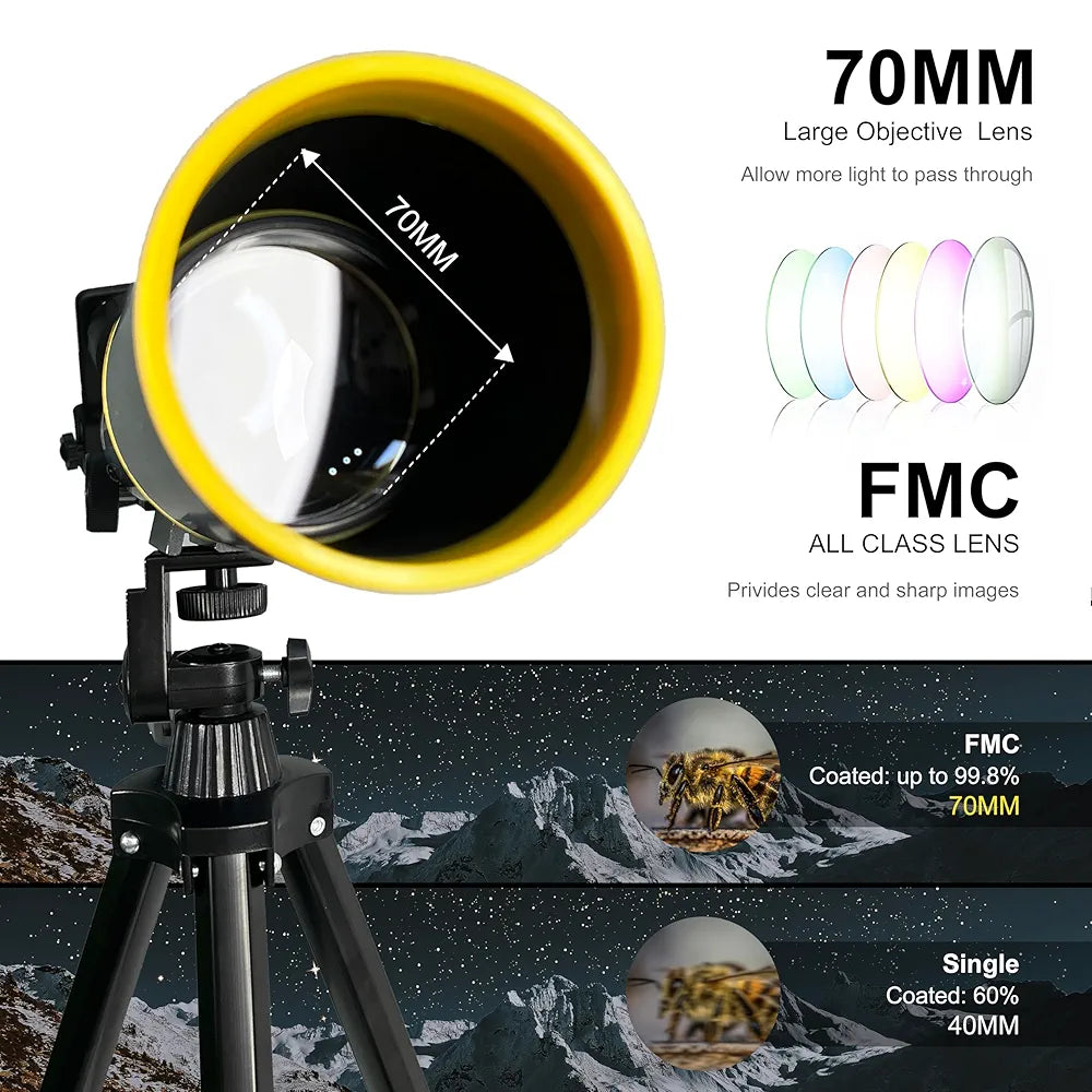 Cason F50070-Telescope for Astronomy,Galaxy 70mm Aperture 500 mm Refractor Zoom Monocular Telescope for Adults & Kids,Easyto Use for Moon,Planets,Stars,Galaxy with Aluminum Tripod and Phone Adapter