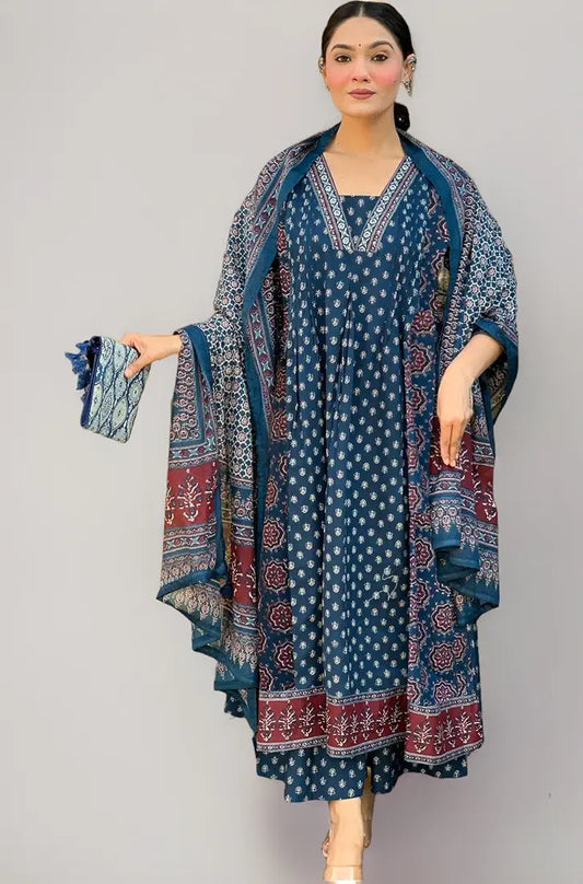 GoSriKi Women's Rayon Viscose Anarkali Printed Kurta with Palazzo & Dupatta